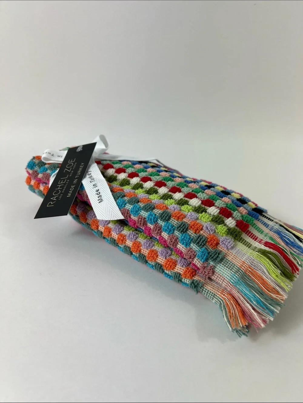 Rachel Zoe Hand Tip Towels Multicolor Stripe Dots Fringe Colorful 2 Pcs NEW